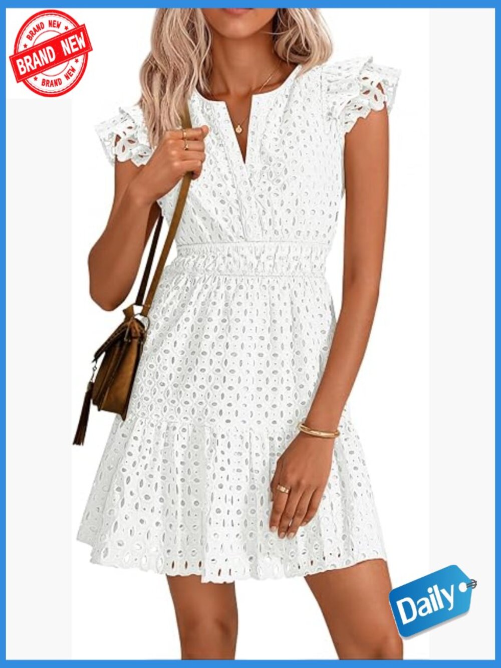 Flutter Short Sleeve V Neck Eyelet A Line Swing Mini Dress